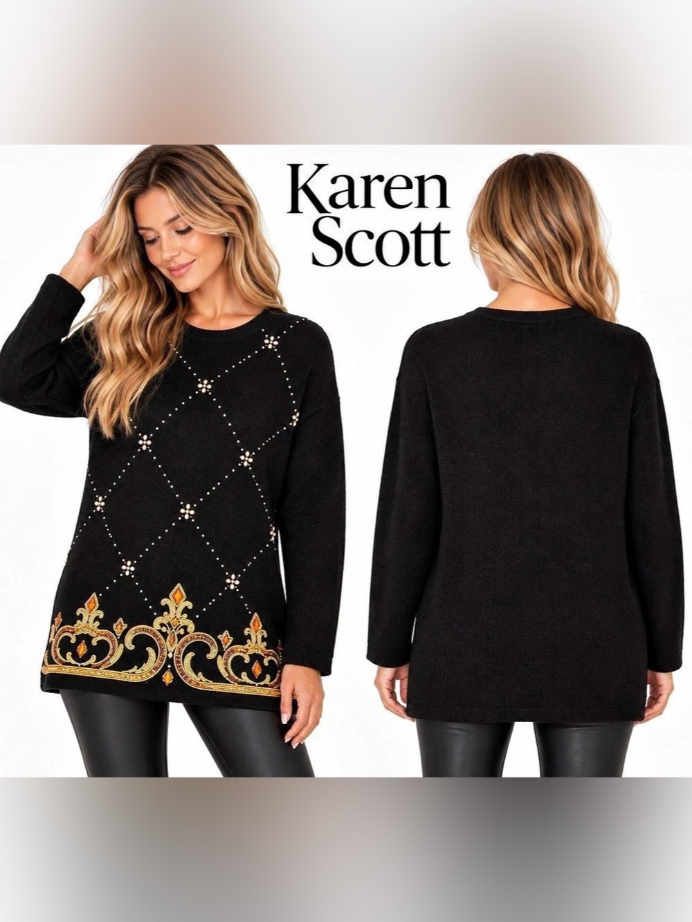 Karen Scott Petites PM Black Silk Angora Beaded Embellished Tunic Sweater Gold